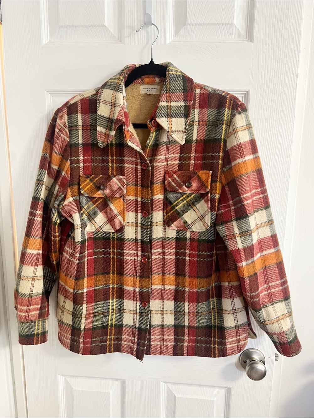 Vintage Plaid Button-Down Jacket - Red, Orange, Cream - Picture 3 of 11